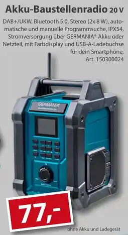 Sonderpreis Baumarkt GERMANIA Akku-Baustellenradio 20 V Angebot