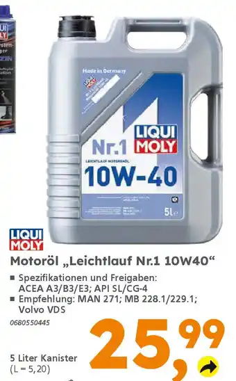 Globus Baumarkt LIQUI MOLY Motoröl „Leichtlauf Nr.1 10W40" Angebot