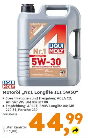 Globus Baumarkt LIQUI MOLY Motoröl,,Nr.1 Longlife III 5W30" Angebot