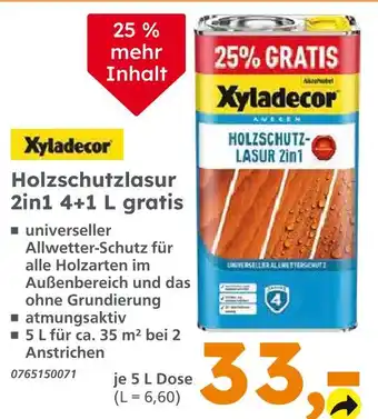 Globus Baumarkt Xyladecor holzschutzlasur 2in1 4+1 l gratis Angebot