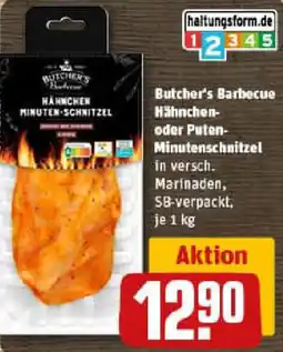 REWE Butcher's Barbecue Hähnchen oder Puten Minutenschnitzel Angebot