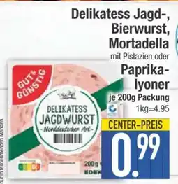 Edeka Delikatess Jagd-, Bierwurst, Mortadella mit Pistazien oder Paprika-Lyoner Angebot