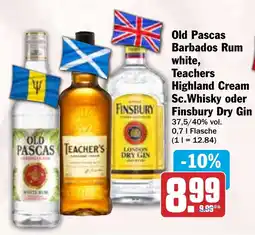 HIT Old Pascas Barbados Rum white, Teachers Highland Cream Sc.Whisky oder Sc.Whisky oder Finsbury Dry Gin Angebot