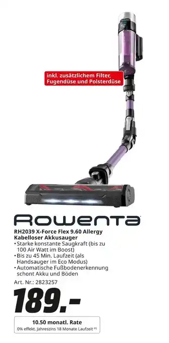 MediaMarkt Rowenta rh2039 x-force flex 9.60 allergy kabelloser akkusauger Angebot