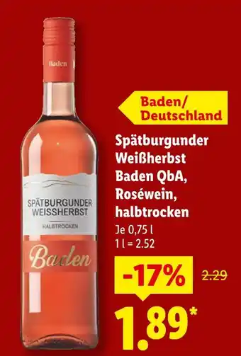 Lidl Baden spätburgunder weißherbst baden qba, roséwein, halbtrocken Angebot