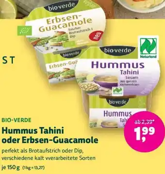 Biomarkt BIO-VERDE Hummus Tahini oder Erbsen-Guacamole Angebot