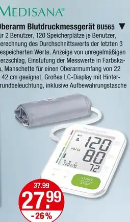 V Markt Medisana oberarm blutdruckmessgerät bu565 Angebot