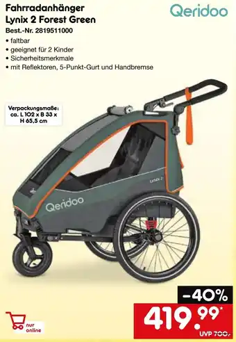 Netto Marken-Discount Qeridoo Fahrradanhänger Lynix 2 Forest Green Angebot