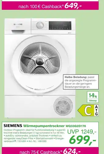 EP Siemens wärmepumpentrockner wq33g2d176 Angebot