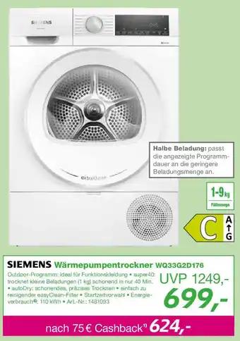 EP SIEMENS Wärmepumpentrockner WQ33G2D176 Angebot