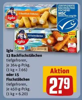 REWE Iglo 13 Backfischstäbchen oder 15 Fischstäbchen Angebot