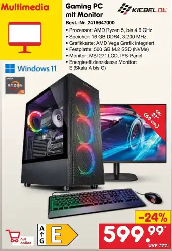 Netto Marken-Discount KIEBEL.DE Gaming PC mit Monitor Angebot
