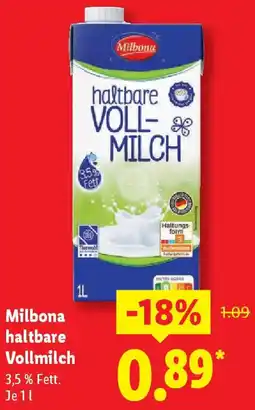 Lidl Milbona haltbare Vollmilch Angebot