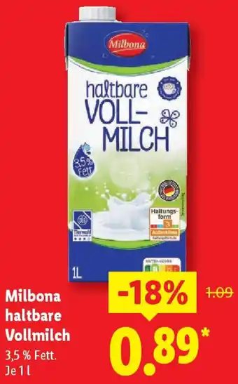 Lidl Milbona haltbare Vollmilch Angebot