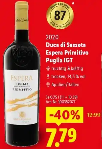 Lidl 2020 Duca di Sasseta Espera Primitivo Puglia IGT Angebot