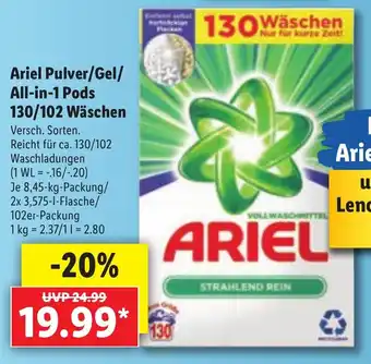 Lidl Ariel Pulver/Gel/All-in-1 Pods 130/102 Wäschen Angebot