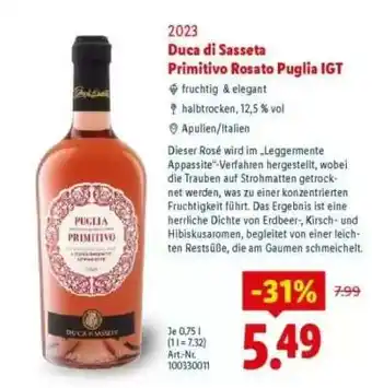 Lidl Duca di Sasseta Primitivo Rosato Puglia IGT Angebot