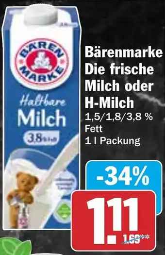 HIT Bärenmarke Die frische Milch oder H-Milch Angebot