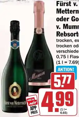 HIT Fürst v. Metternich oder Godefroy v. Mumm Rebsortensekt Angebot