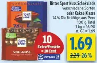 diska Ritter Sport Nuss Schokolade oder Kakao Klasse Angebot