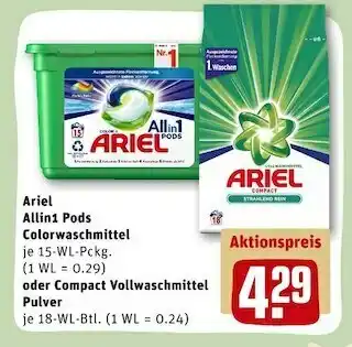 REWE Ariel allin1 pods colorwaschmittel oder compact vollwaschmittel pulver Angebot