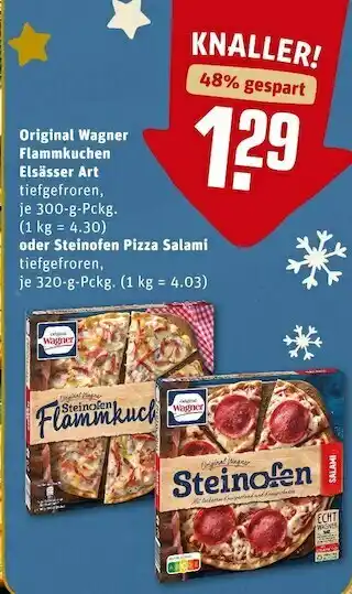 REWE Wagner original flammkuchen elsässer art oder steinofen pizza salami Angebot