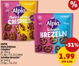 PENNY ALPIA Mais Erdnuss Crispies oder Schoko Brezeln Angebot