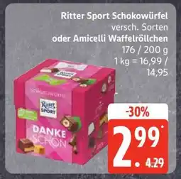 Edeka Ritter Sport Schokowürfel oder Amicelli Waffelröllchen Angebot