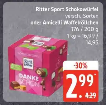 Edeka Ritter Sport Schokowürfel oder Amicelli Waffelröllchen Angebot