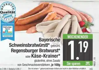 Edeka Bayerische Schweinsbratwürstl, Regensburger Bratwurst oder Käse-Krainer Angebot