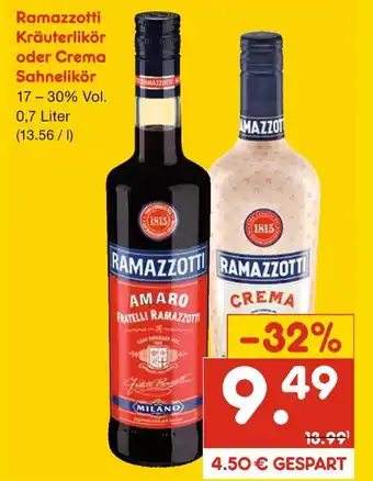 Netto Marken-Discount Ramazzotti kräuterlikör oder crema sahnelikör Angebot