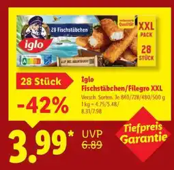 Lidl Iglo Fischstäbchen/Filegro XXL Angebot