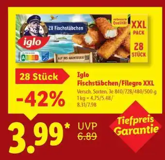 Lidl Iglo Fischstäbchen/Filegro XXL Angebot