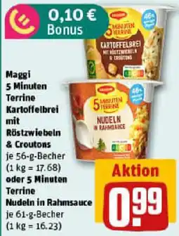 REWE Maggi 5 Minuten Terrine Kartoffelbrei mit Röstzwiebeln & Croutons oder 5 Minuten Terrine Nudeln in Rahmsauce Angebot