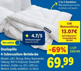 Lidl Dunlopillo 4-Jahreszeiten-Bettdecke Angebot