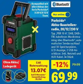 Lidl Parkside Akku-Baustellenradio, 20/12/230 V Angebot