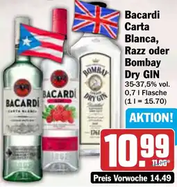 HIT Bacardi Carta Blanca, Razz oder Bombay Dry GIN Angebot
