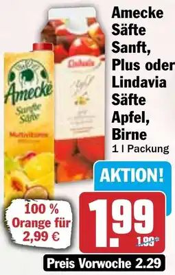 HIT Amecke Säfte Sanft, Plus oder Lindavia Säfte Apfel, Birne Angebot