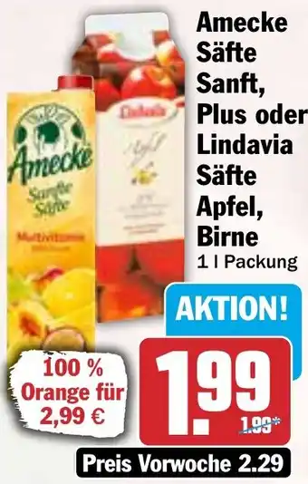 HIT Amecke Säfte Sanft, Plus oder Lindavia Säfte Apfel, Birne Angebot