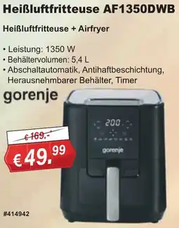Stabilo Fachmarkt gorenje Heißluftfritteuse AF1350DWB Angebot