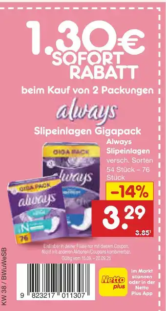 Netto Marken-Discount Always slipeinlagen gigapack Angebot