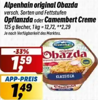 Simmel Alpenhain original Obazda, Opflanzda oder Camembert Creme Angebot