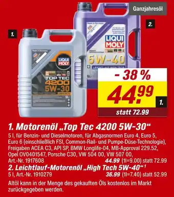 toom Baumarkt Liqui moly motorenöl „top tec 4200 5w-30“ Angebot
