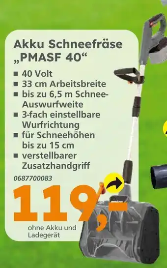 Globus Baumarkt Akku schneefräse pmasf 40 Angebot
