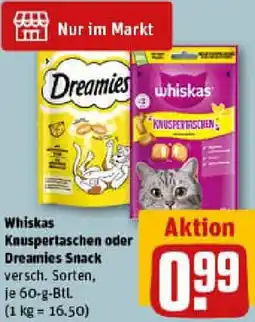 REWE Whiskas Knuspertaschen oder Dreamies Snack Angebot