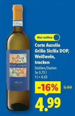 Lidl Corte Aurelio Grillo Sicilia DOP, Weißwein, trocken Angebot