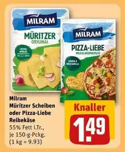 REWE Milram Müritzer Scheiben oder Pizza-Liebe Reibekäse Angebot