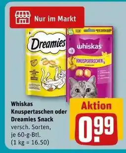 REWE Whiskas Knuspertaschen oder Dreamies Snack Angebot