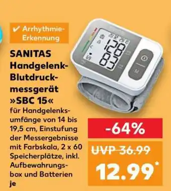 Kaufland SANITAS Handgelenk-Blutdruckmessgerät SBC 15 Angebot
