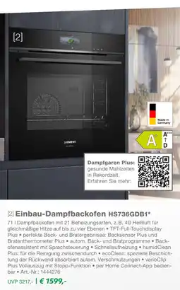 EP Siemens einbau-dampfbackofen hs736gdb1 Angebot